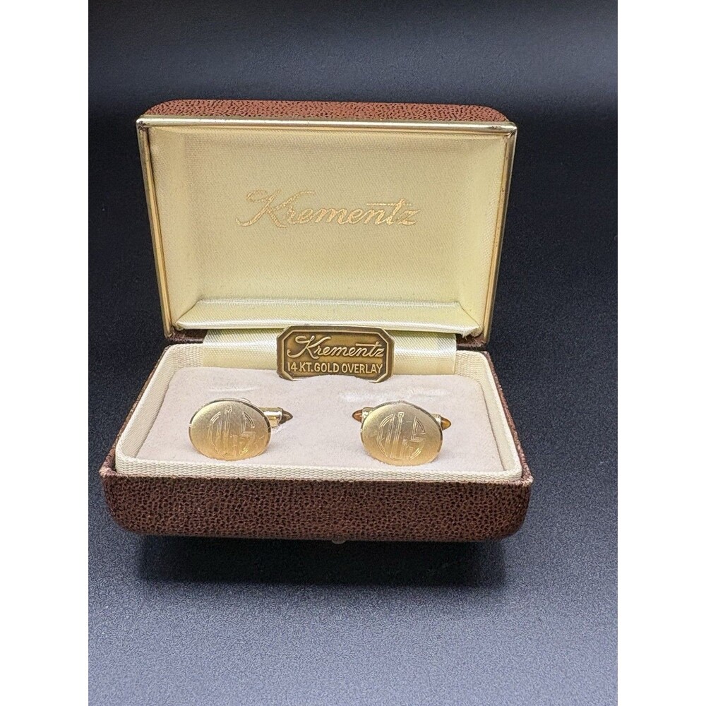 Vintage Krementz 14K Gold Overlay Cufflinks Monogram OGS w/ Original Case Set